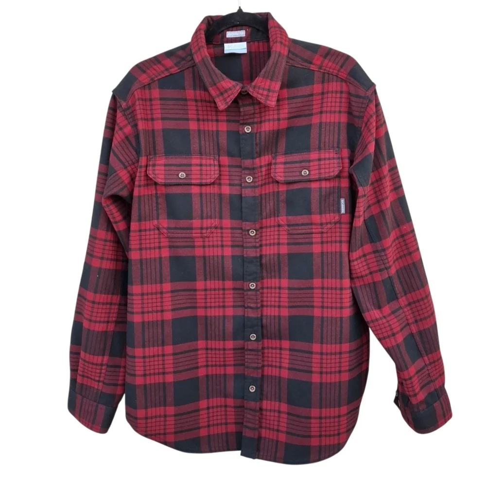 Columbia Sportswear Red Plaid Button-Up Long Sleeve Shirt Jacket Men Size Large
